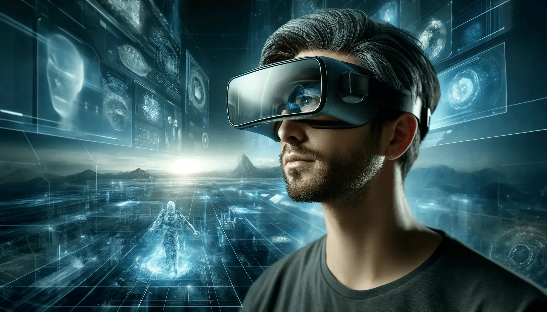 a man wearing virtual reality glasses, deeply immersed in a virtual gaming world. The portrait captures the man's expression of awe and excitement as he interacts with the futuristic landscape and advanced technology around him.